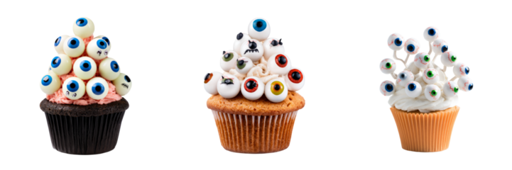 Halloween cupcakes with eyeballs transparent background spooky dessert photography