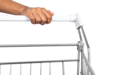A hand gripping the handle of a shopping cart, set against a black background, emphasizing the act of shopping.
