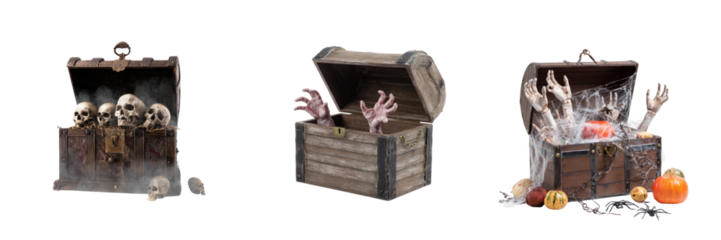 Mysterious halloween treasure chests transparent background spooky skull content eerie setting