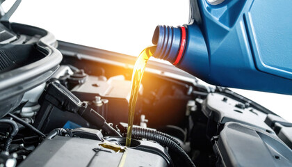 Engine oil is being poured into a vehicle's engine, highlighting maintenance and vehicle care in a sleek, modern automotive setting.