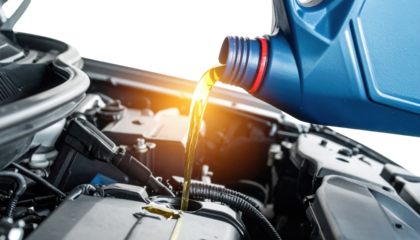 Engine oil is being poured into a vehicle's engine, highlighting maintenance and vehicle care in a sleek, modern automotive setting.