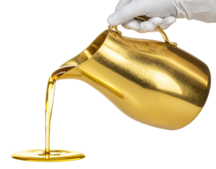 A golden jug pours a liquid resembling oil onto a surface, highlighting a luxurious and elegant aesthetic against a black background.