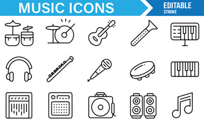 Music equipment icons – editable vector line collection of instruments and sound gear for creative projects
