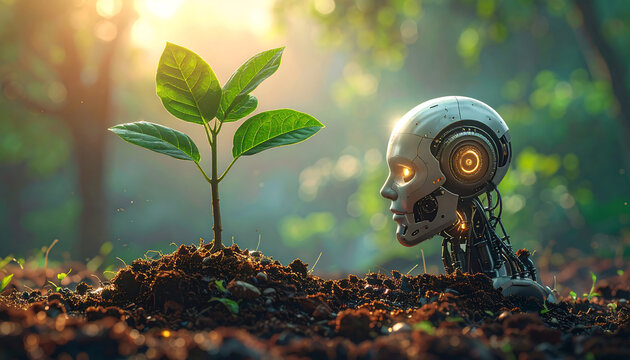 A robotic head observes a young plant sprouting from rich soil at sunrise.
