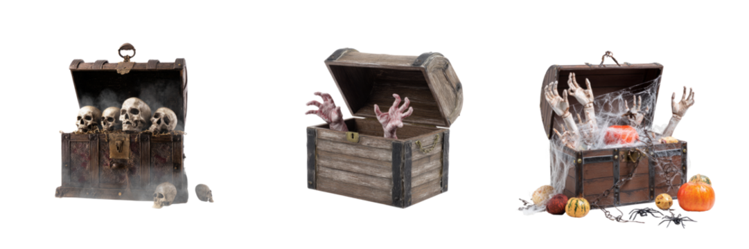 Mysterious halloween treasure chests transparent background spooky skull content eerie setting