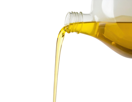 A close-up of a cooking oil bottle pouring golden oil, showcasing its smooth, flowing texture and vibrant color.
