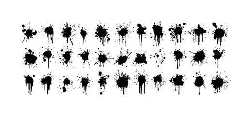Collection of Black Ink Splatter and Drip Paint Splashes