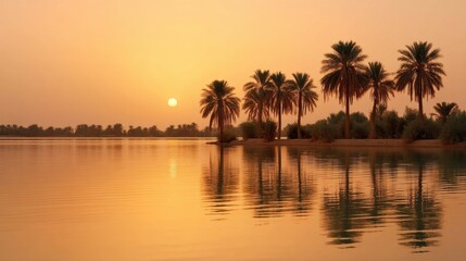 Obraz premium Tranquil Sunset Over Serene Oasis with Palm Trees and Golden Sky Reflection on Calm Water Surface in Idyllic Landscape