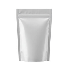 Blank White Stand Up Pouch Mockup with Zipper for Product Packaging Design:  A Detailed 3D Render of a Silver Foil Stand-Up Pouch with a Resealable