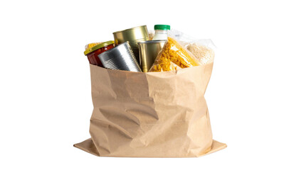 A paper bag filled with various canned and packaged food items, showcasing a variety of groceries.