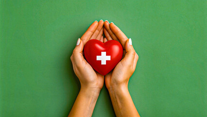 Hands holding a heart with a medical cross symbol