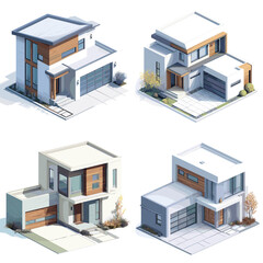 Isometric illustration of modern houses with sleek architecture, large windows, and clean lines, perfect for real estate, property, and architectural design projects.