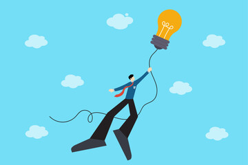 Businessman flying with lightbulb balloon creative innovation idea success vector illustration