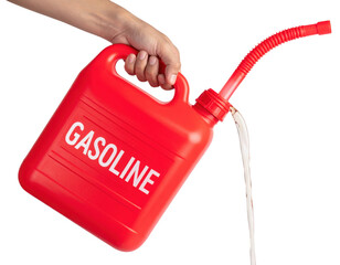 A red gasoline canister is being poured from a hand, with a flexible nozzle directing the liquid flow.