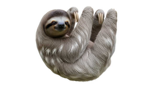 Cute smiling sloth hanging on a branch isolated PNG with Transparent Background