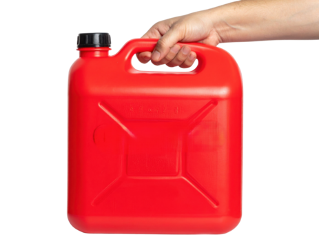 A red plastic fuel canister is held by a hand, showcasing its functional design for storing liquids safely.