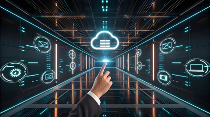 Hand interacts with glowing cloud interface in futuristic server room