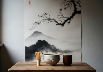 Japanese matcha tea ceremony set on a rustic wooden table