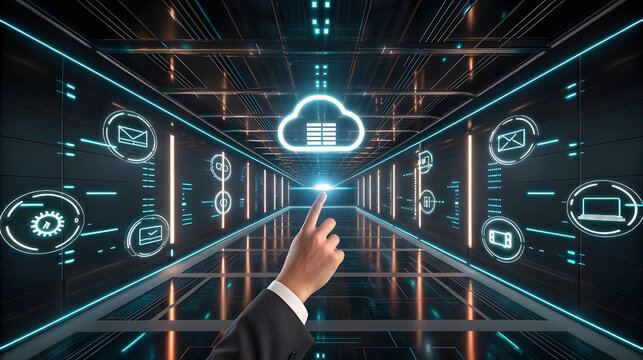 Hand interacts with glowing cloud interface in futuristic server room