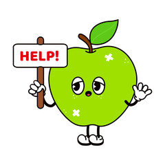 Cartoon apple character holding a 'Help!' sign and waving for assistance.