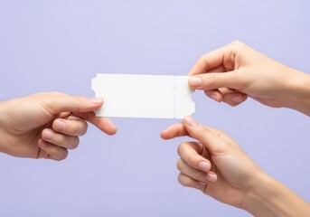 Hands exchanging a blank ticket on a lavender background a simple exchange of white paper