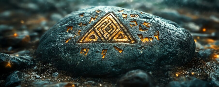 Ancient runes and characters intricately engraved on a weathered stone, showcasing historical significance and cultural heritage.