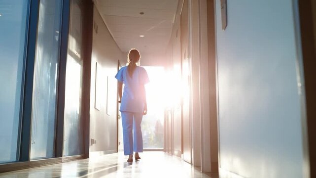 Nurse Walking in Sunlight: A dedicated medical professional strides confidently down a sunlit hospital corridor, emanating competence and care. The image is an evocative portrait of service.