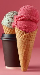 Two scoops of ice cream in waffle cones, next to a disposable coffee cup, on a pink background