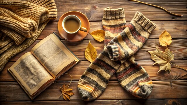 Cozy autumn vibes with warm socks, a book, and coffee on a rustic wooden table for a relaxing day