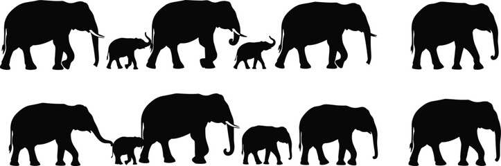 Set of elephant family silhouettes, including adult and baby elephants walking in different poses, perfect for wildlife and nature design.