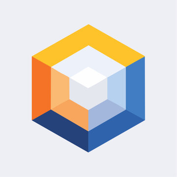 3D Geometric Cube with Orange Blue and White on Grey Background