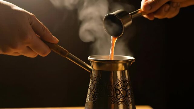 Hands pouring hot coffee into a traditional Turkish cezve. Close-up of brewing authentic coffee with rising steam. Morning beverage preparation ritual.