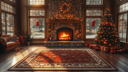 Cozy Christmas Living Room: A warm and inviting Christmas living room scene, featuring a roaring fireplace, decorated Christmas tree, and festive decor create a comforting atmosphere. 