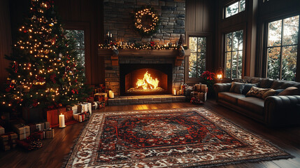Cozy Winter Hearth: A warm and inviting interior features a decorated Christmas tree and a lit fireplace, creating a festive and comfortable atmosphere.