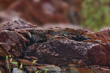An image of a large rock with rough, broken textures, and stratified layers, creating a natural, rugged aesthetic. A low-angle shot of a weathered rock surface, highlighting its stratified layers