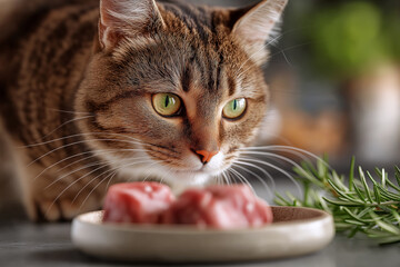 Cat enjoying natural raw food diet, fresh meat served in a ceramic dish.