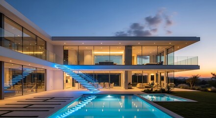 Fototapeta premium Luxury villa with luminous pool and staircase at picturesque sunset hour