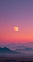 Fototapeta premium A serene, colorful sunrise or sunset over misty mountains, with a pale orange moon