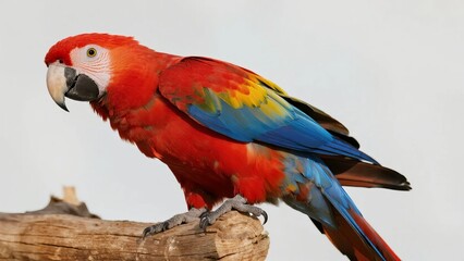 Fototapeta premium Vibrant Scarlet Macaw Perched on a Wooden Branch