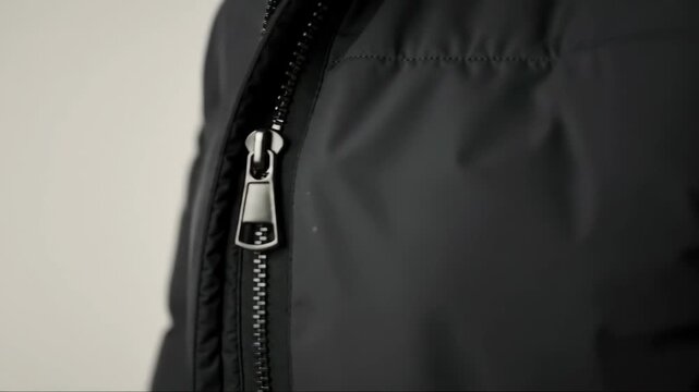 Close-up detail of a metal zipper on a black fashion jacket. Modern apparel accessory showing quality craftsmanship. Minimalist product shot with copy space.