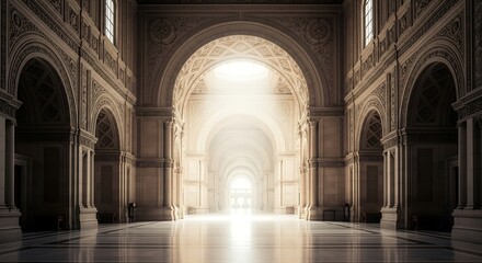 Architectural marvel, grand hallway illuminated by radiant light beams