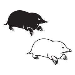 Flat Mole Silhouette & Mole Lineart – Mole Vector Style Designed with Simplified Geometry – Mole Illustration – Silhouette and Lineart Set of Mole