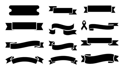 Collection of Black Ribbon and Banner Silhouettes on White Background