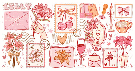 Coquette lilly, Vintage Pink lilly Collection with Retro Decorations and Heart lilly, pink coquette clipart, y2k clipart, pink ribbon, Pink Coquette Ribbon Clipart Gift bow valentine