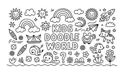 Kids Doodle Vector Icons Set, Playful Hand-Drawn Crayon Illustrations, easily editable and scalable.
