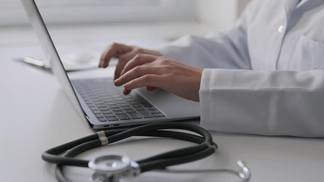 A healthcare professional in a white coat inputs patient data on a laptop, with a stethoscope on the desk, illustrating the intersection of technology and healthcare for improved patient care