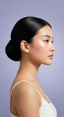 Serene Portrait of a Young Woman with Elegant Updo Wearing a White Thin-Strap Top:
Minimalistic Beauty Shot with Soft Natural Lighting and Calm Lavender Background