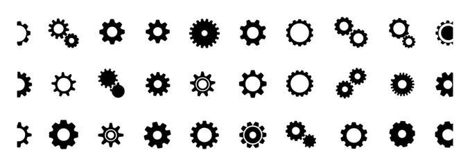 Collection of Black Gear Icons on White Background