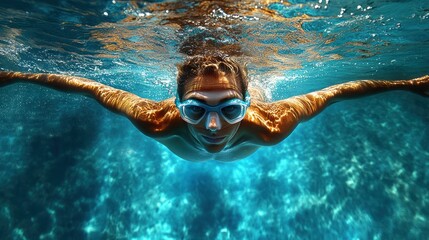 Naklejka premium Woman snorkeling, underwater view. Sunlight streams through