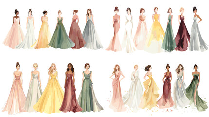 

Elegant fashion illustration of women in colorful evening gowns, watercolor style design perfect for fashion, bridal, beauty, and modern lifestyle projects.